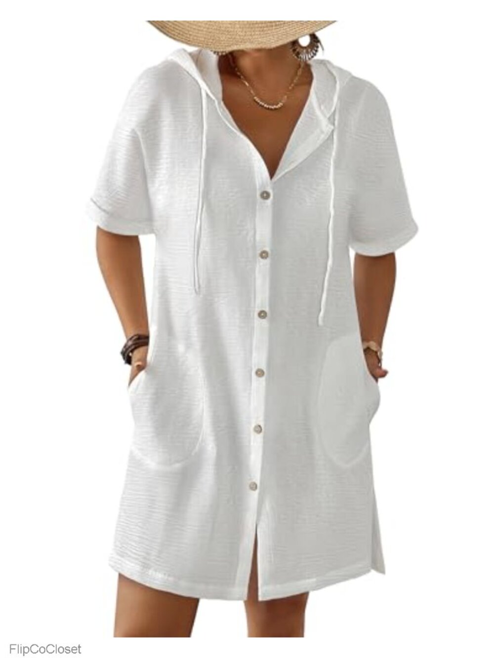 Hooded Swim Cover Up Button Down Beach Dress with Pockets